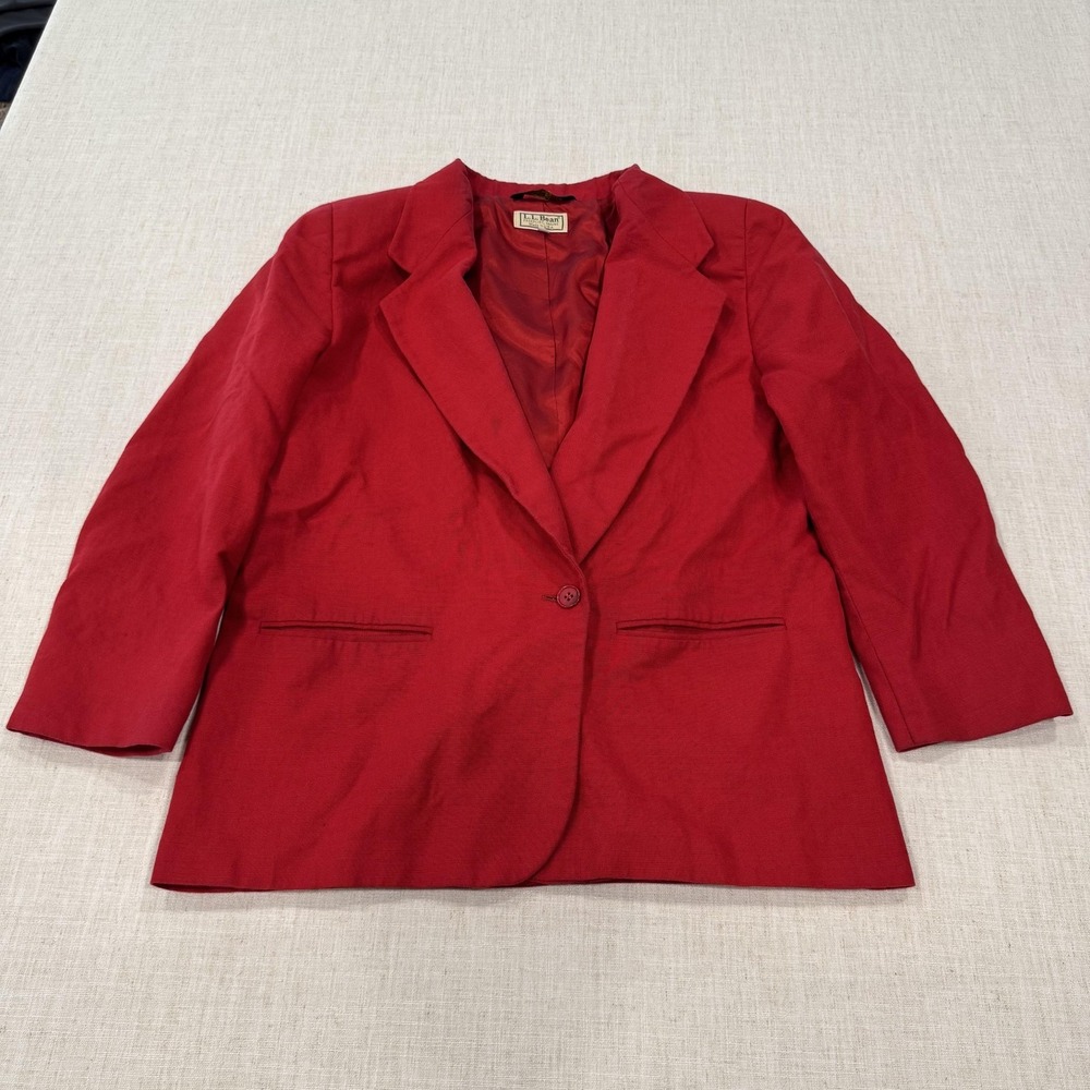 L.L. Bean Blazer Jacket Womens 12P Red Linen Cotton One Button Lined Made USA
